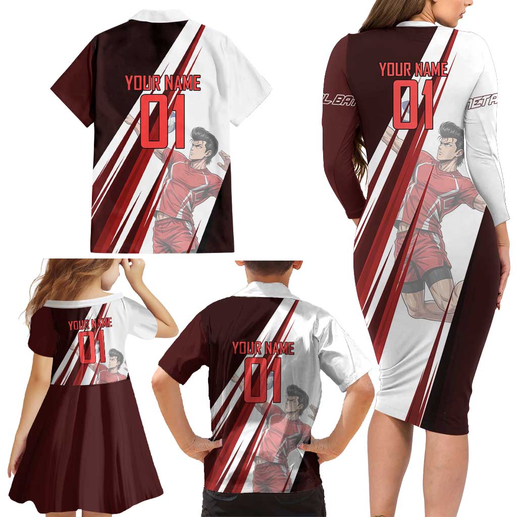 Personalized Metal Bat Volleyball Design Family Matching Long Sleeve Bodycon Dress and Hawaiian Shirt with Red Athletic Theme and Powerful Action Pose