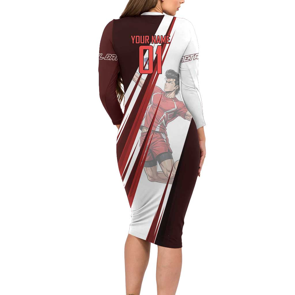 Personalized Metal Bat Volleyball Design Family Matching Long Sleeve Bodycon Dress and Hawaiian Shirt with Red Athletic Theme and Powerful Action Pose