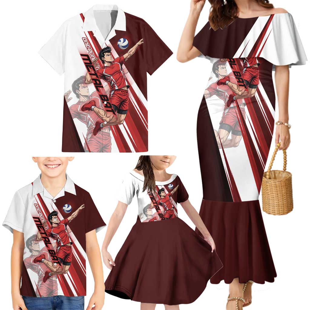 Personalized Metal Bat Volleyball Design Family Matching Mermaid Dress and Hawaiian Shirt with Red Athletic Theme and Powerful Action Pose