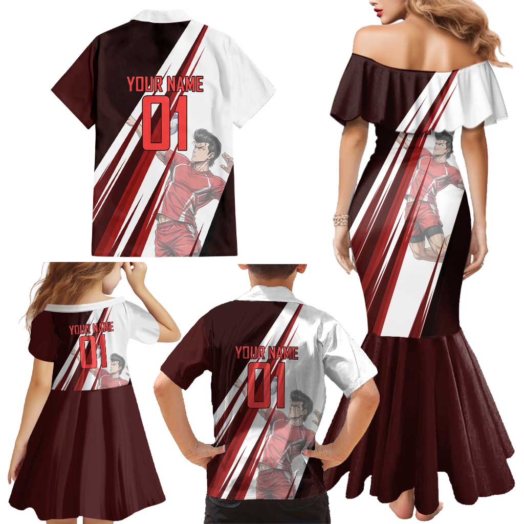 Personalized Metal Bat Volleyball Design Family Matching Mermaid Dress and Hawaiian Shirt with Red Athletic Theme and Powerful Action Pose