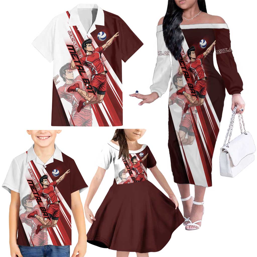 Personalized Metal Bat Volleyball Design Family Matching Off The Shoulder Long Sleeve Dress and Hawaiian Shirt with Red Athletic Theme and Powerful Action Pose