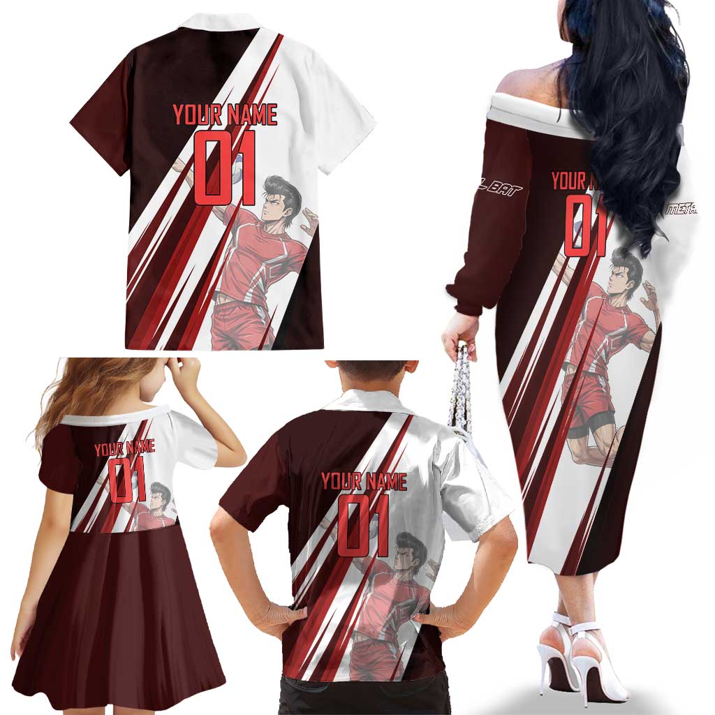 Personalized Metal Bat Volleyball Design Family Matching Off The Shoulder Long Sleeve Dress and Hawaiian Shirt with Red Athletic Theme and Powerful Action Pose