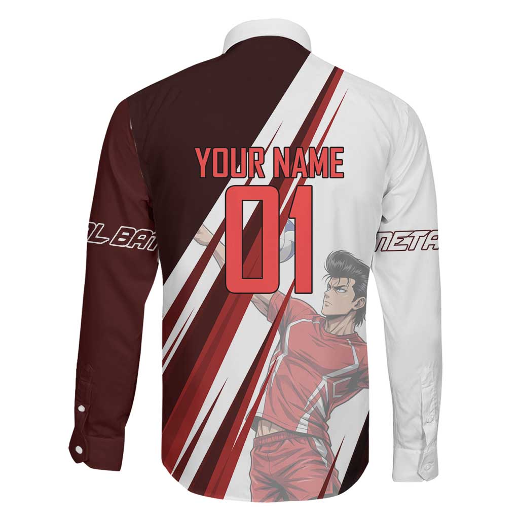Personalized Metal Bat Volleyball Design Family Matching Off The Shoulder Long Sleeve Dress and Hawaiian Shirt with Red Athletic Theme and Powerful Action Pose