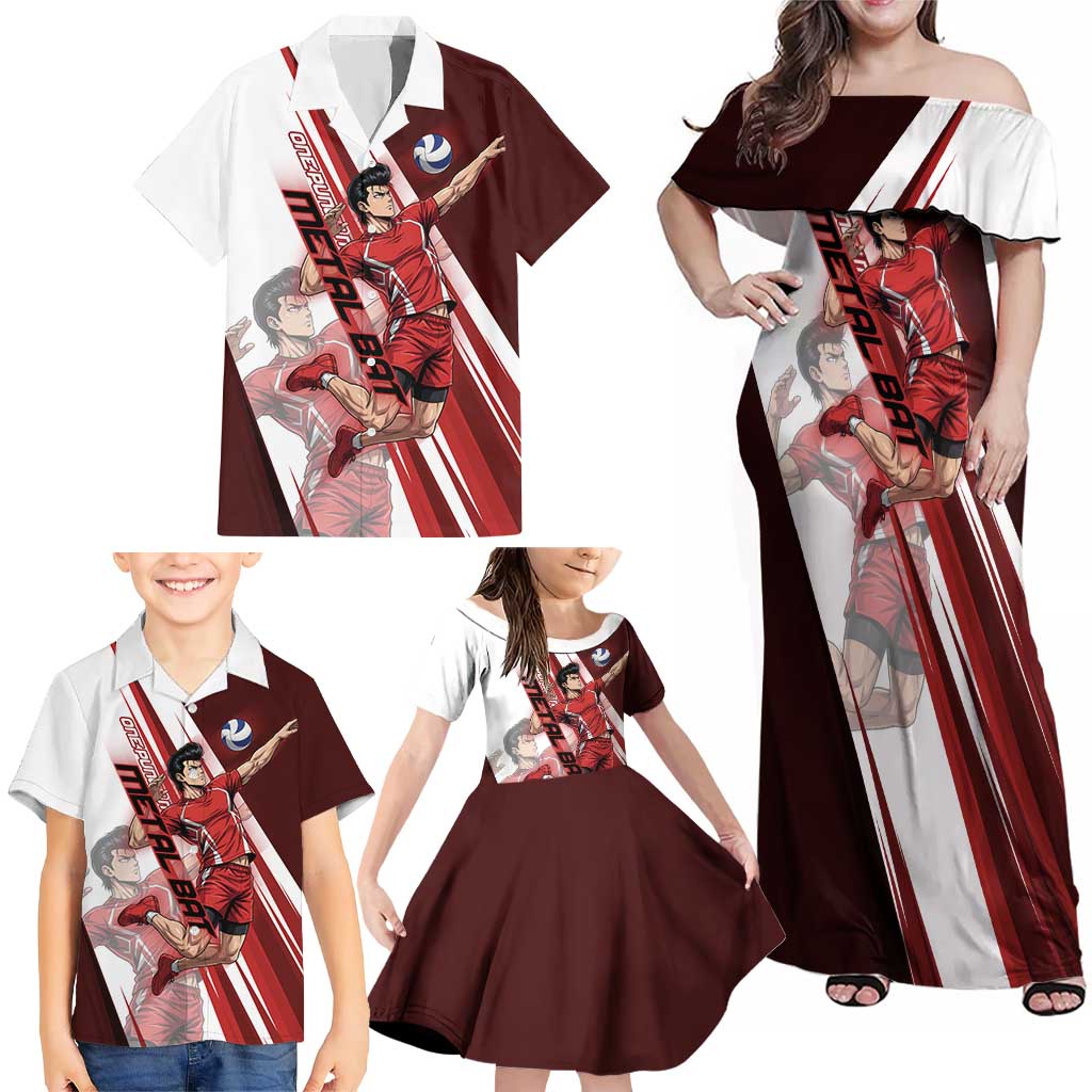 Personalized Metal Bat Volleyball Design Family Matching Off Shoulder Maxi Dress and Hawaiian Shirt with Red Athletic Theme and Powerful Action Pose