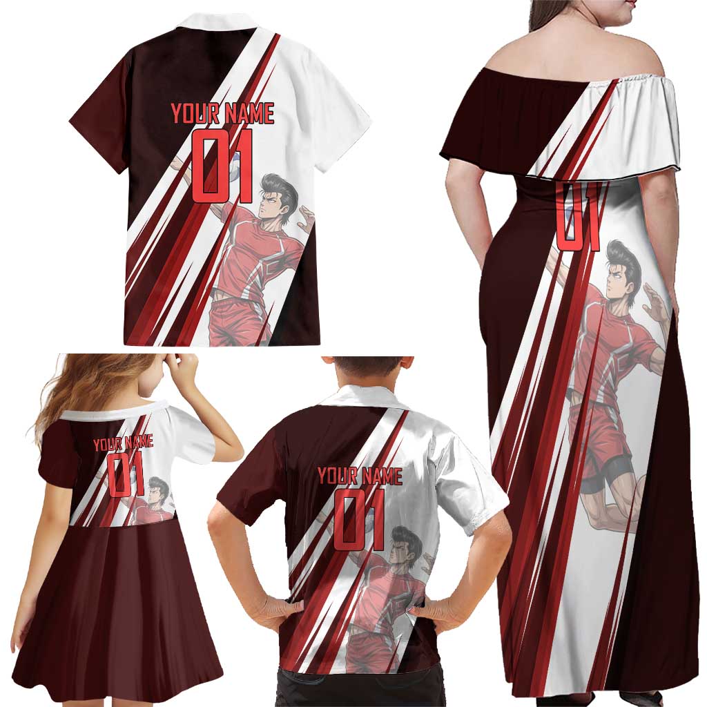 Personalized Metal Bat Volleyball Design Family Matching Off Shoulder Maxi Dress and Hawaiian Shirt with Red Athletic Theme and Powerful Action Pose
