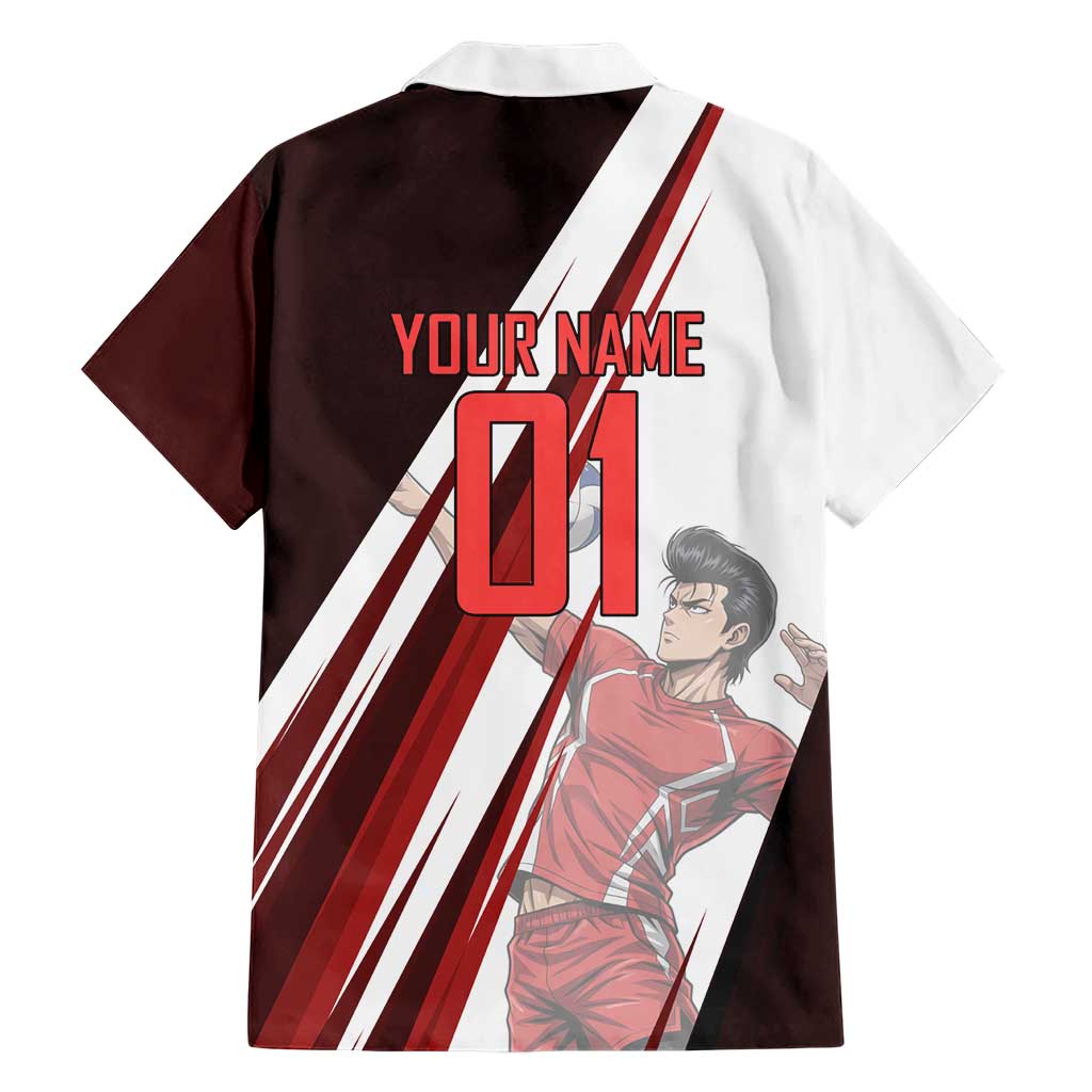 Personalized Metal Bat Volleyball Design Family Matching Off Shoulder Maxi Dress and Hawaiian Shirt with Red Athletic Theme and Powerful Action Pose