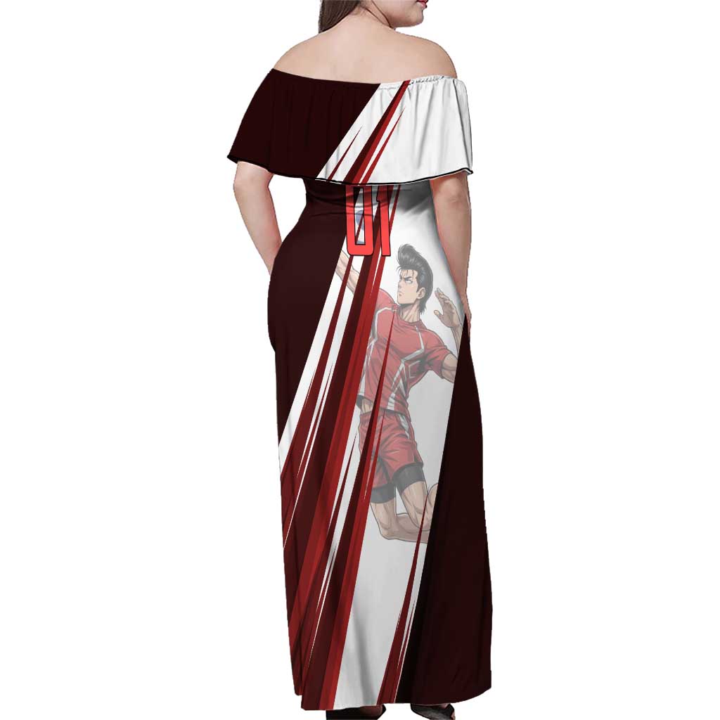 Personalized Metal Bat Volleyball Design Family Matching Off Shoulder Maxi Dress and Hawaiian Shirt with Red Athletic Theme and Powerful Action Pose