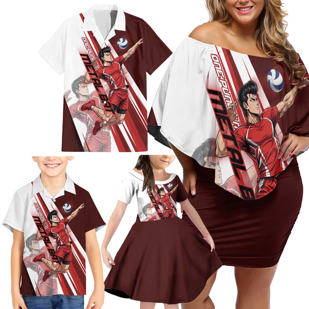 Personalized Metal Bat Volleyball Design Family Matching Off Shoulder Short Dress and Hawaiian Shirt with Red Athletic Theme and Powerful Action Pose