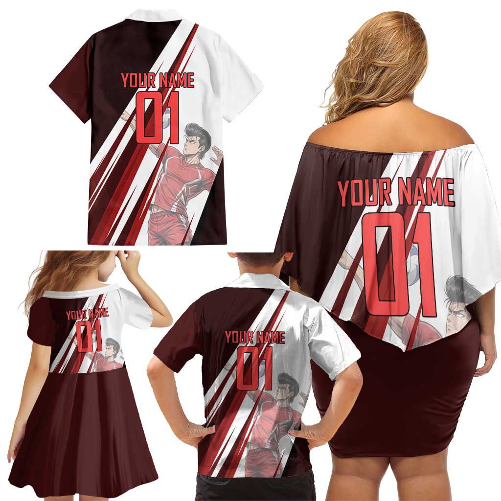 Personalized Metal Bat Volleyball Design Family Matching Off Shoulder Short Dress and Hawaiian Shirt with Red Athletic Theme and Powerful Action Pose