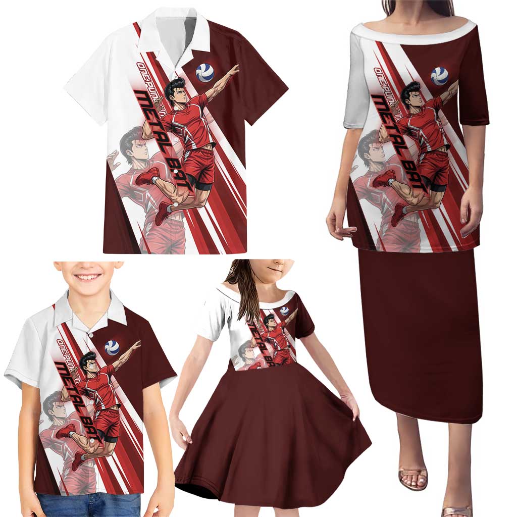 Personalized Metal Bat Volleyball Design Family Matching Puletasi and Hawaiian Shirt with Red Athletic Theme and Powerful Action Pose