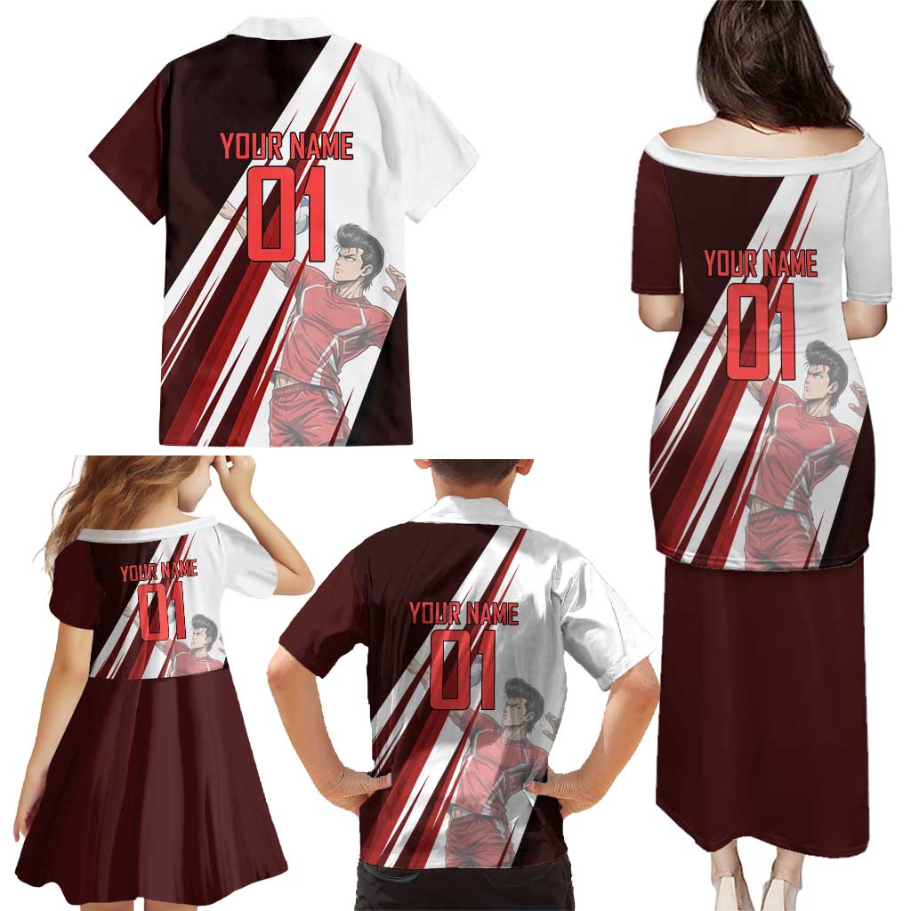 Personalized Metal Bat Volleyball Design Family Matching Puletasi and Hawaiian Shirt with Red Athletic Theme and Powerful Action Pose