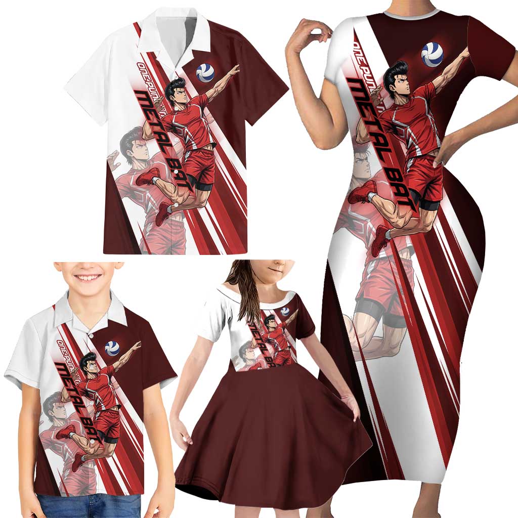 Personalized Metal Bat Volleyball Design Family Matching Short Sleeve Bodycon Dress and Hawaiian Shirt with Red Athletic Theme and Powerful Action Pose