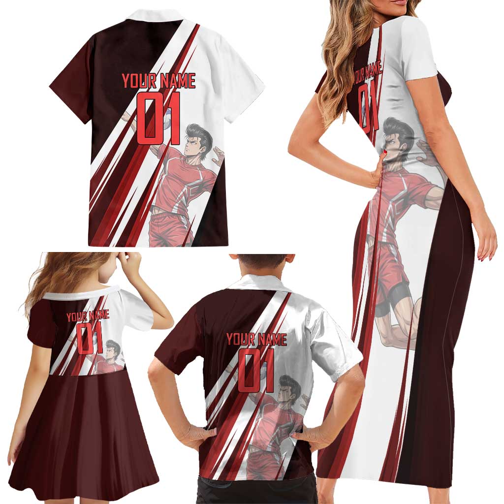 Personalized Metal Bat Volleyball Design Family Matching Short Sleeve Bodycon Dress and Hawaiian Shirt with Red Athletic Theme and Powerful Action Pose