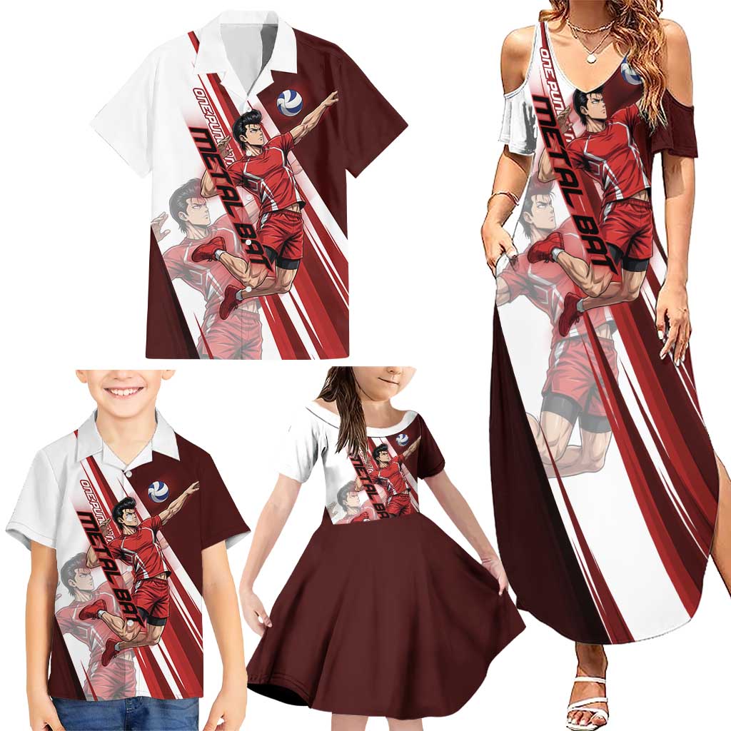 Personalized Metal Bat Volleyball Design Family Matching Summer Maxi Dress and Hawaiian Shirt with Red Athletic Theme and Powerful Action Pose