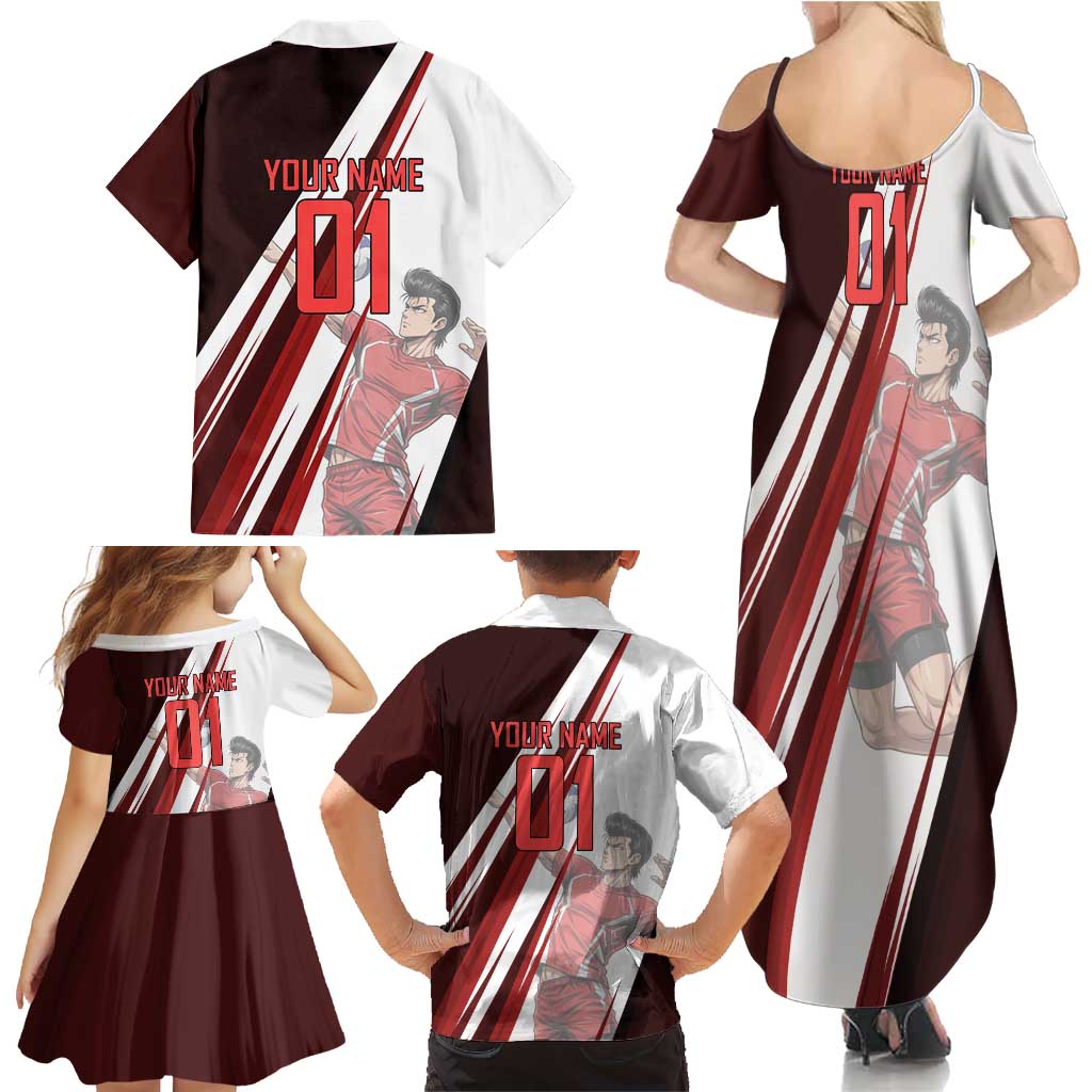 Personalized Metal Bat Volleyball Design Family Matching Summer Maxi Dress and Hawaiian Shirt with Red Athletic Theme and Powerful Action Pose