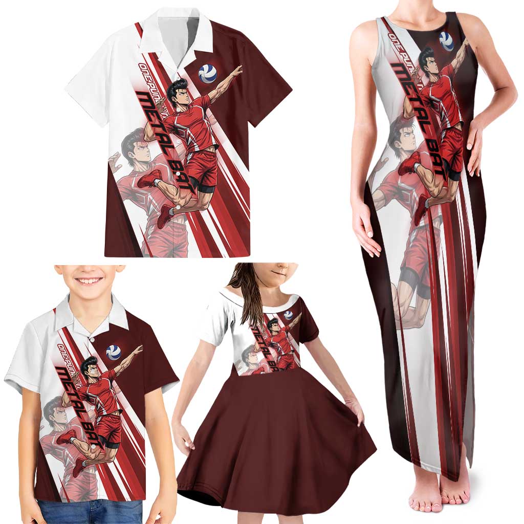 Personalized Metal Bat Volleyball Design Family Matching Tank Maxi Dress and Hawaiian Shirt with Red Athletic Theme and Powerful Action Pose