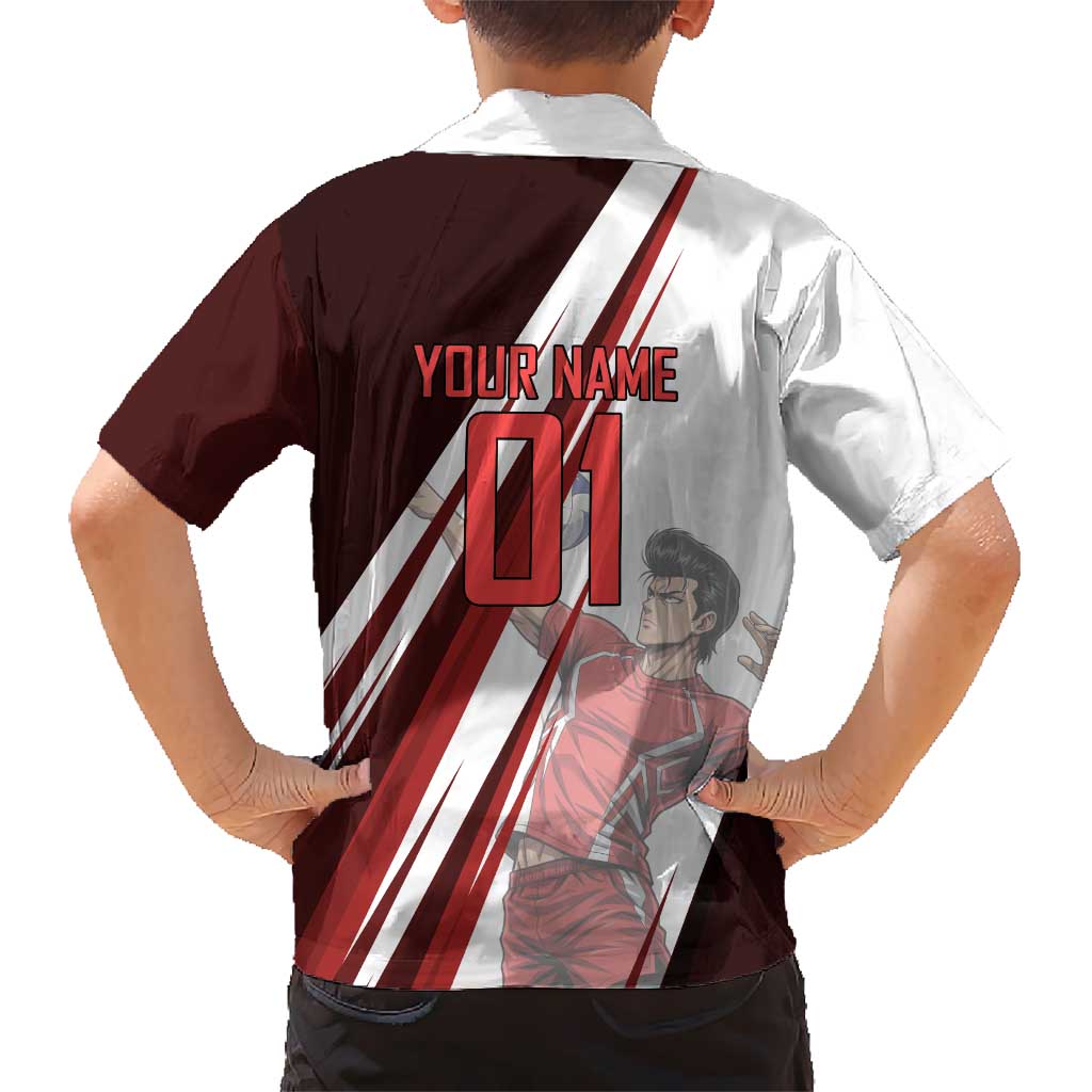 Personalized Metal Bat Volleyball Design Family Matching Tank Maxi Dress and Hawaiian Shirt with Red Athletic Theme and Powerful Action Pose