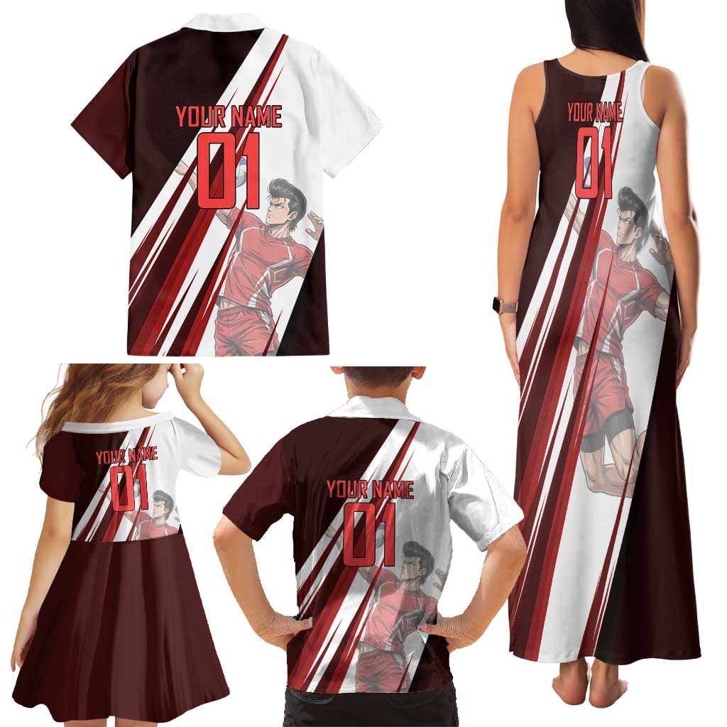 Personalized Metal Bat Volleyball Design Family Matching Tank Maxi Dress and Hawaiian Shirt with Red Athletic Theme and Powerful Action Pose