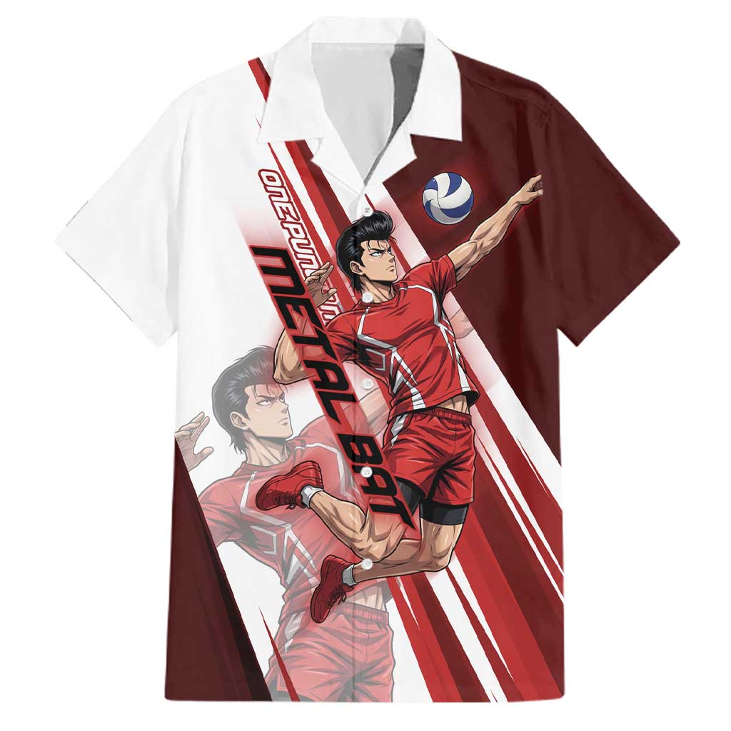 Personalized Metal Bat Volleyball Design Family Matching Tank Maxi Dress and Hawaiian Shirt with Red Athletic Theme and Powerful Action Pose