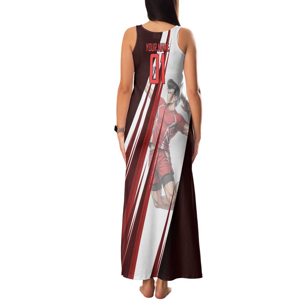 Personalized Metal Bat Volleyball Design Family Matching Tank Maxi Dress and Hawaiian Shirt with Red Athletic Theme and Powerful Action Pose