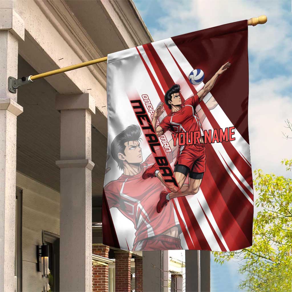 Personalized Metal Bat Volleyball Design Garden Flag with Red Athletic Theme and Powerful Action Pose