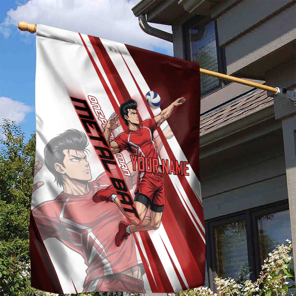 Personalized Metal Bat Volleyball Design Garden Flag with Red Athletic Theme and Powerful Action Pose