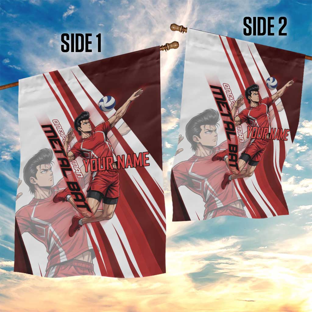 Personalized Metal Bat Volleyball Design Garden Flag with Red Athletic Theme and Powerful Action Pose
