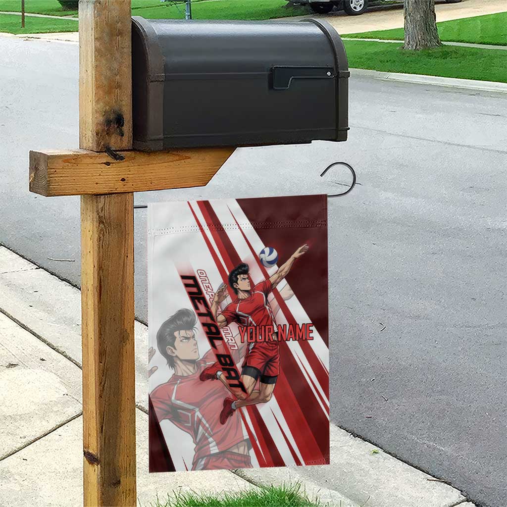 Personalized Metal Bat Volleyball Design Garden Flag with Red Athletic Theme and Powerful Action Pose