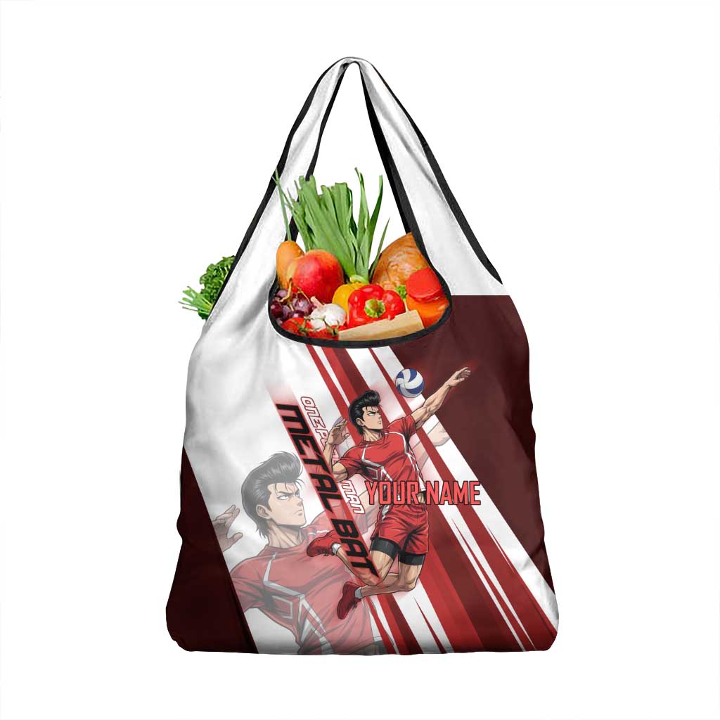 Personalized Metal Bat Volleyball Design Grocery Bag with Red Athletic Theme and Powerful Action Pose