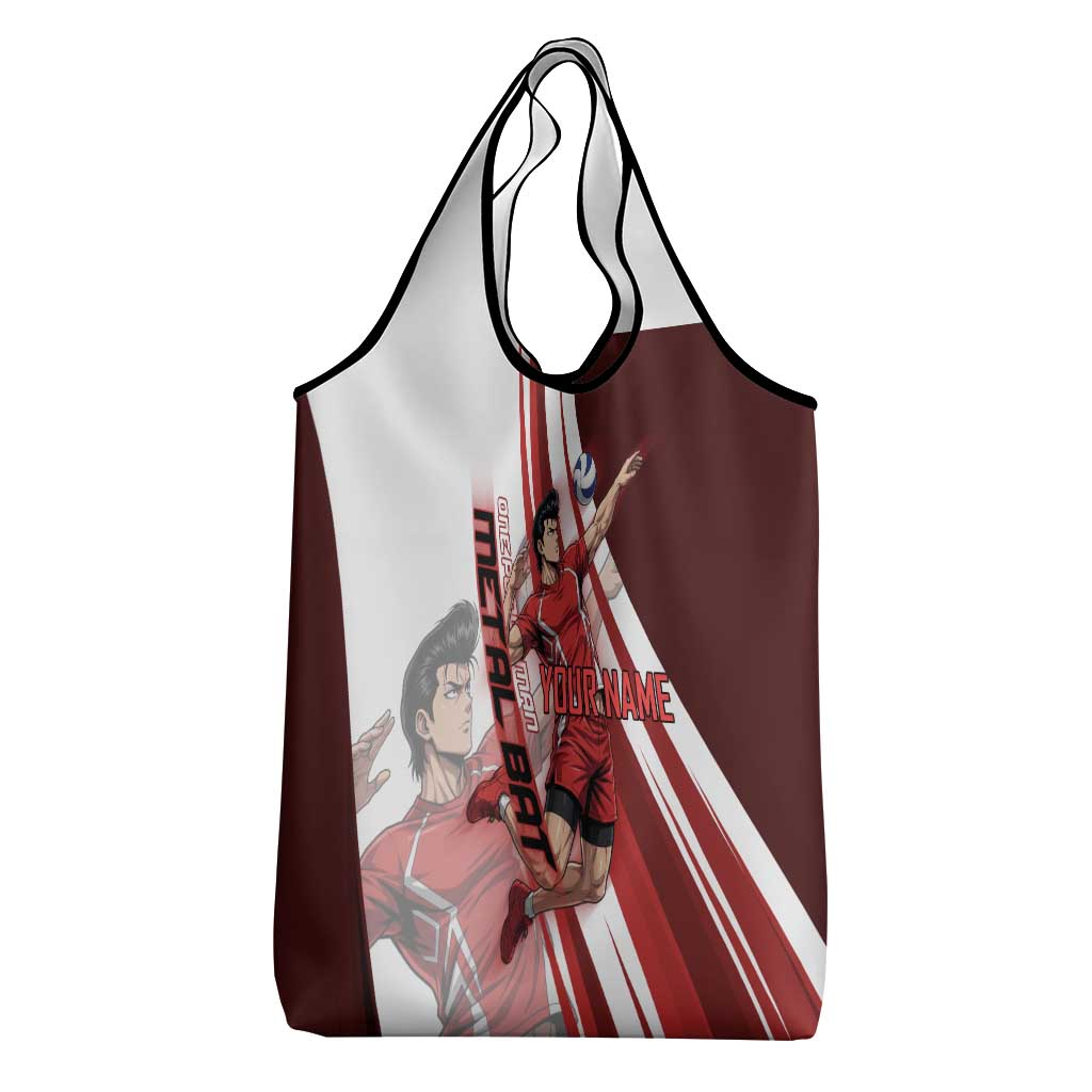 Personalized Metal Bat Volleyball Design Grocery Bag with Red Athletic Theme and Powerful Action Pose