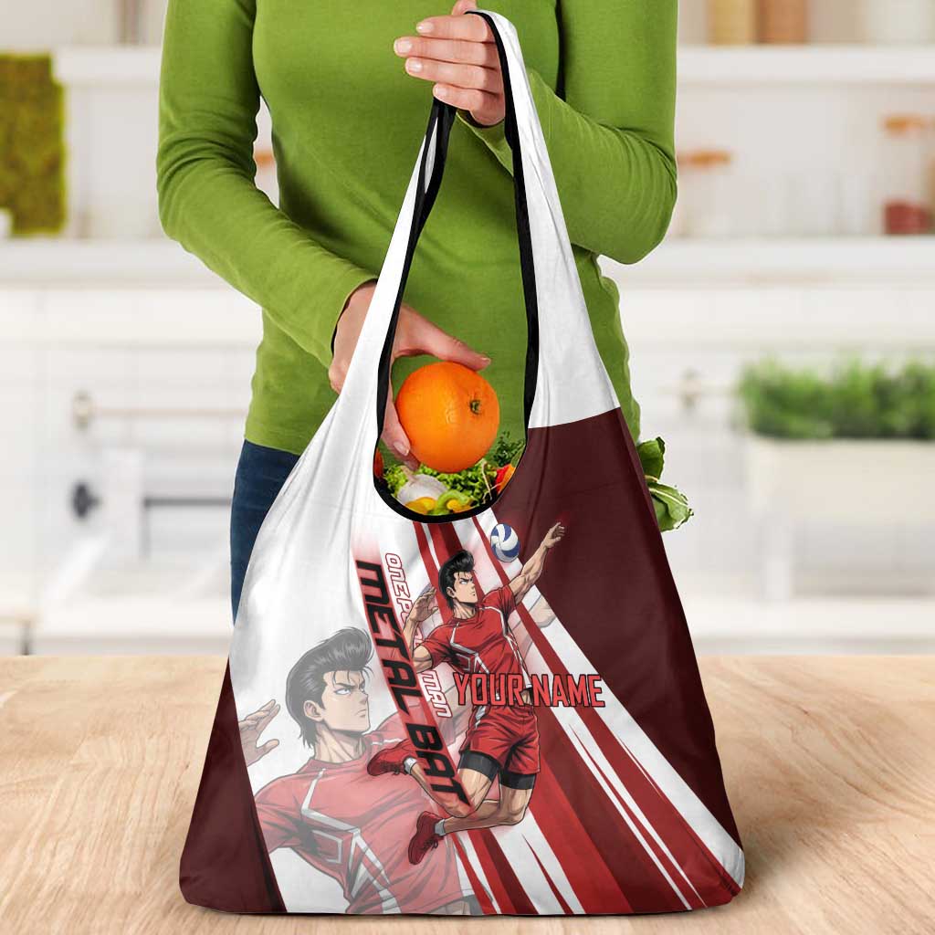 Personalized Metal Bat Volleyball Design Grocery Bag with Red Athletic Theme and Powerful Action Pose