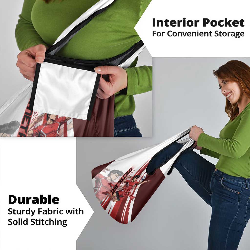Personalized Metal Bat Volleyball Design Grocery Bag with Red Athletic Theme and Powerful Action Pose