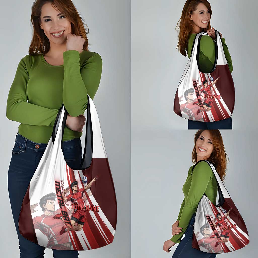 Personalized Metal Bat Volleyball Design Grocery Bag with Red Athletic Theme and Powerful Action Pose