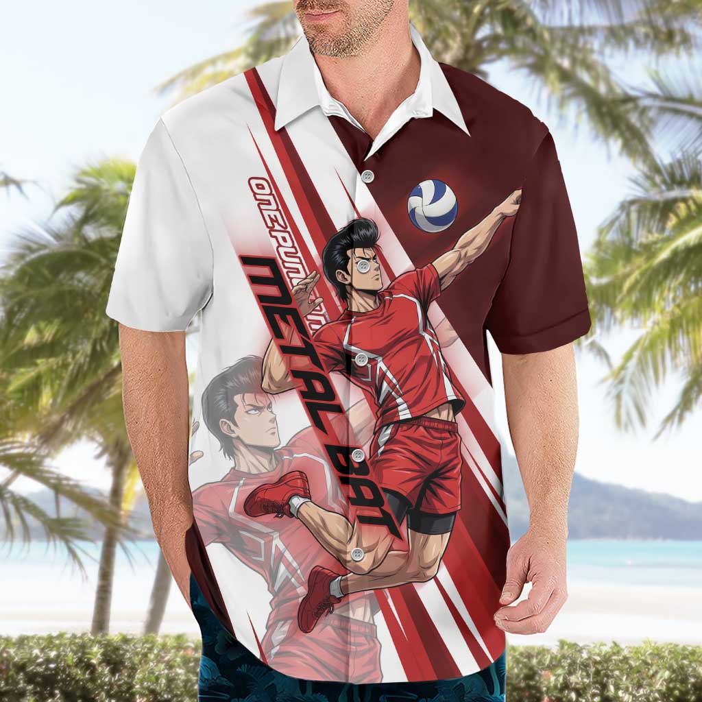 Personalized Metal Bat Volleyball Design Hawaiian Shirt with Red Athletic Theme and Powerful Action Pose