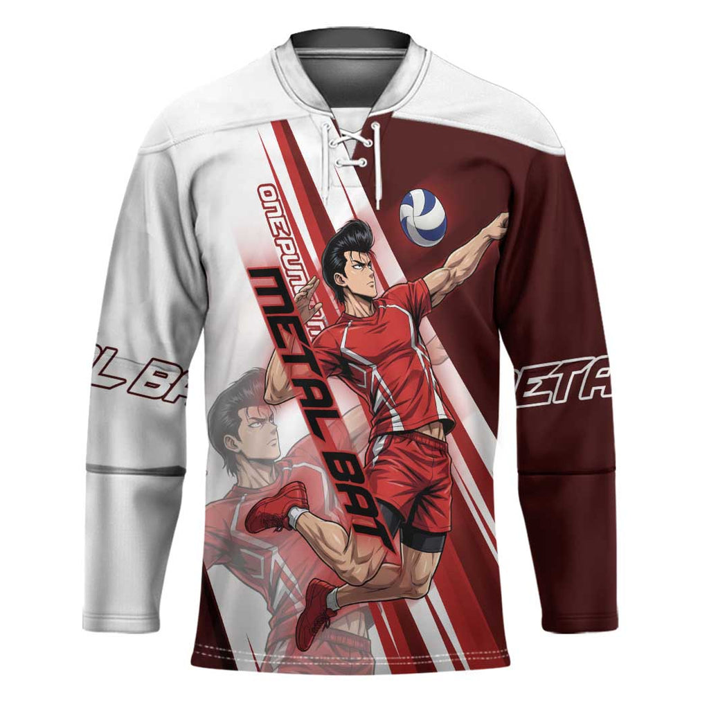 Personalized Metal Bat Volleyball Design Hockey Jersey with Red Athletic Theme and Powerful Action Pose