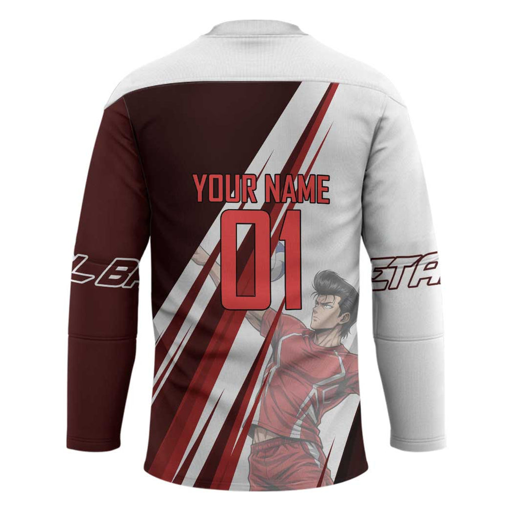 Personalized Metal Bat Volleyball Design Hockey Jersey with Red Athletic Theme and Powerful Action Pose