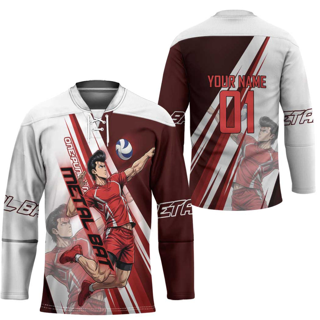 Personalized Metal Bat Volleyball Design Hockey Jersey with Red Athletic Theme and Powerful Action Pose