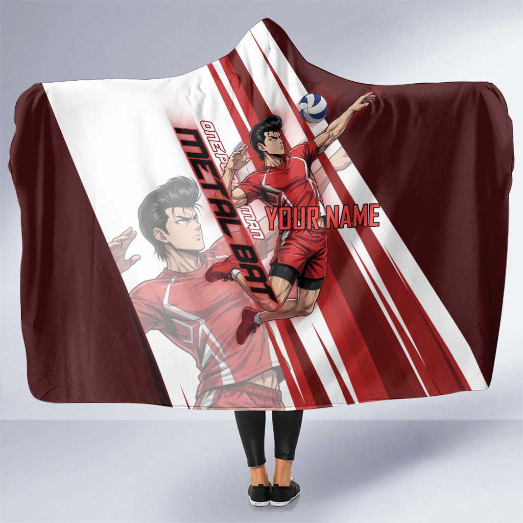 Personalized Metal Bat Volleyball Design Hooded Blanket with Red Athletic Theme and Powerful Action Pose