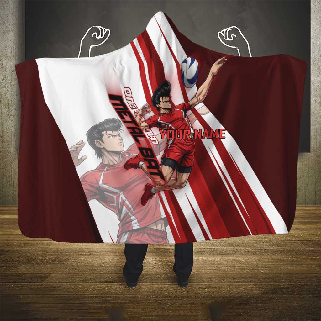 Personalized Metal Bat Volleyball Design Hooded Blanket with Red Athletic Theme and Powerful Action Pose