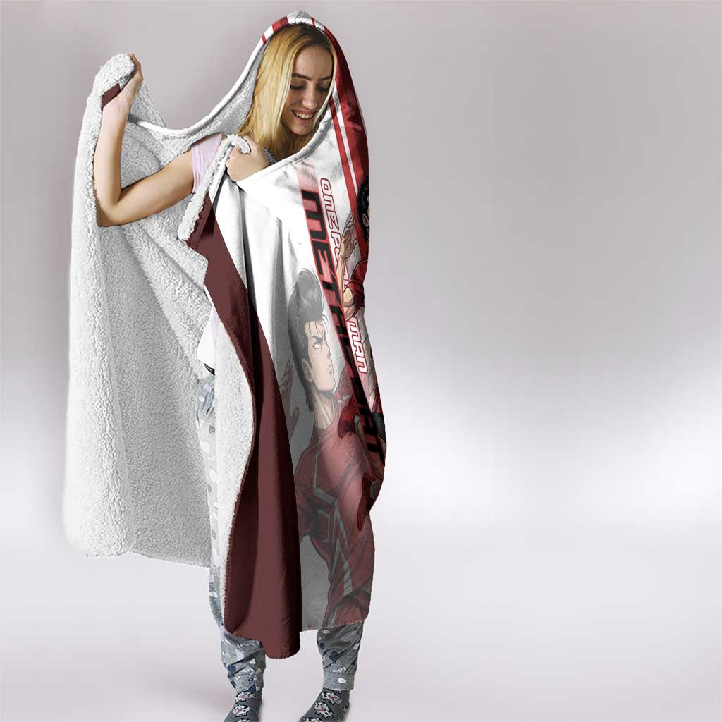 Personalized Metal Bat Volleyball Design Hooded Blanket with Red Athletic Theme and Powerful Action Pose