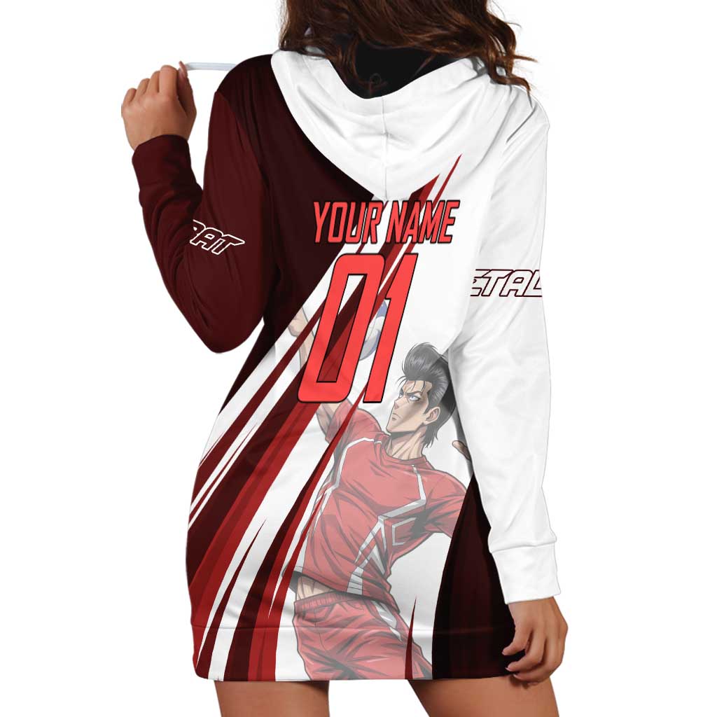 Personalized Metal Bat Volleyball Design Hoodie Dress with Red Athletic Theme and Powerful Action Pose