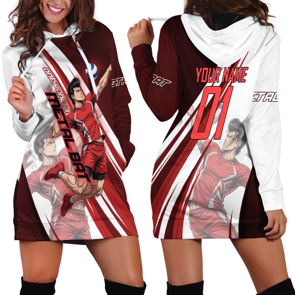 Personalized Metal Bat Volleyball Design Hoodie Dress with Red Athletic Theme and Powerful Action Pose