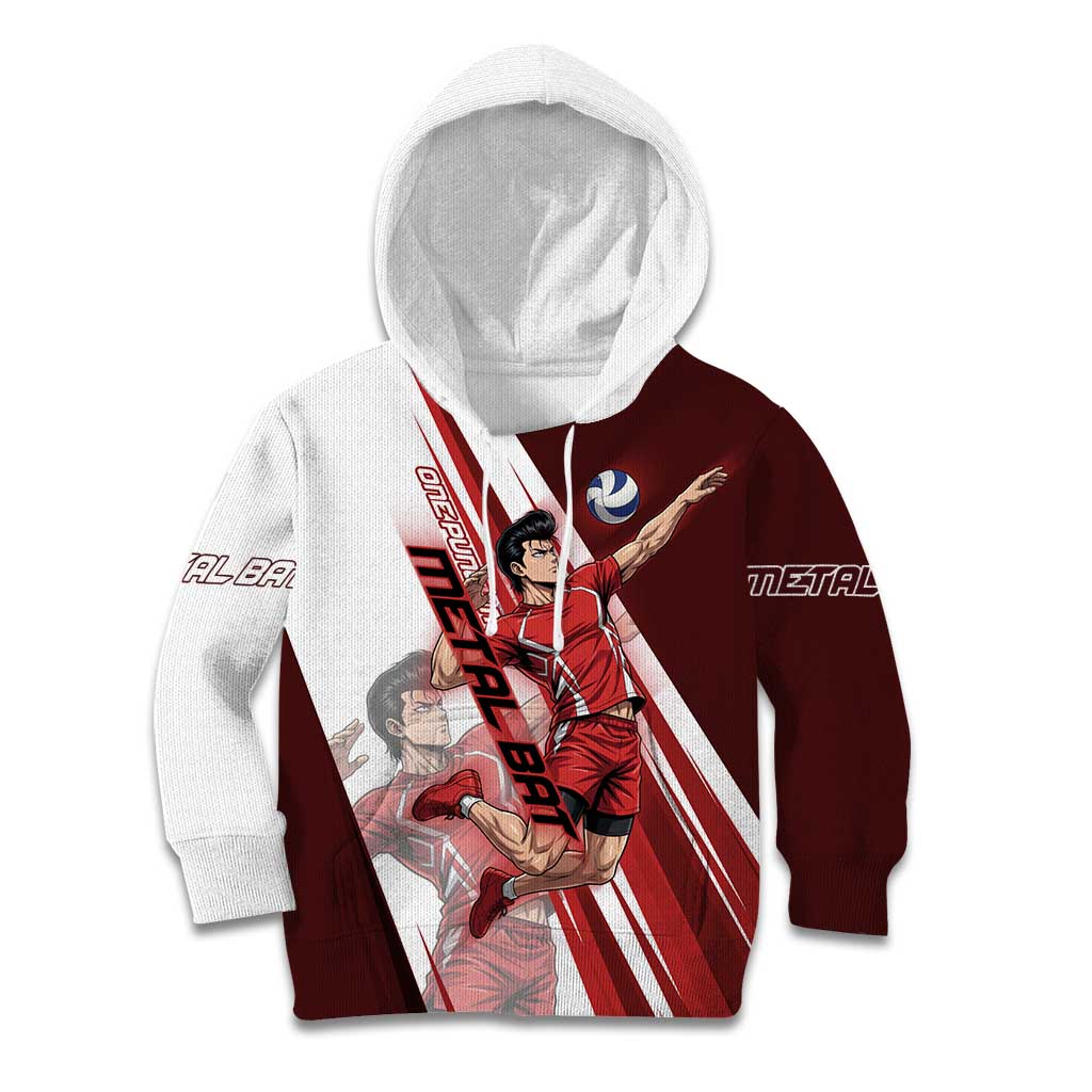 Personalized Metal Bat Volleyball Design Kid Hoodie with Red Athletic Theme and Powerful Action Pose