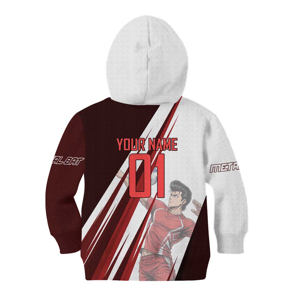 Personalized Metal Bat Volleyball Design Kid Hoodie with Red Athletic Theme and Powerful Action Pose