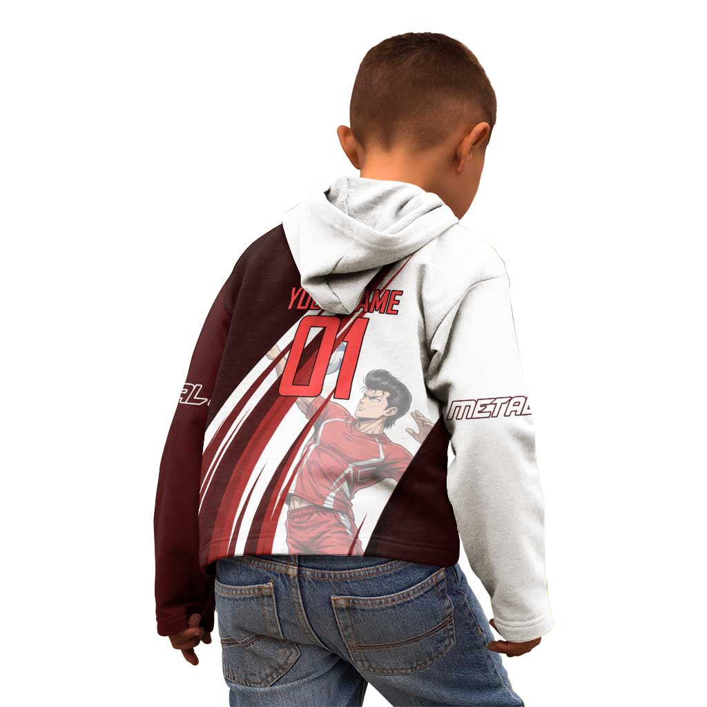 Personalized Metal Bat Volleyball Design Kid Hoodie with Red Athletic Theme and Powerful Action Pose