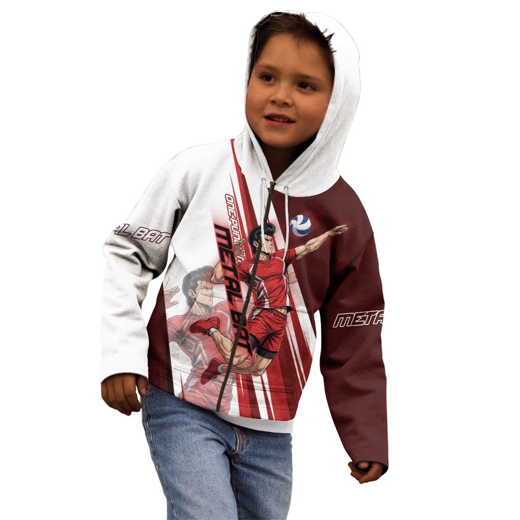 Personalized Metal Bat Volleyball Design Kid Hoodie with Red Athletic Theme and Powerful Action Pose
