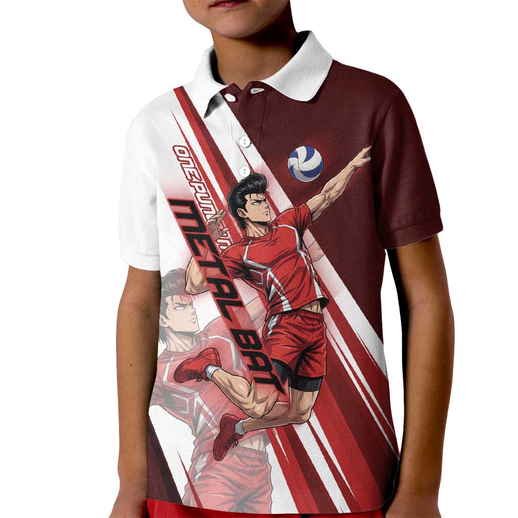 Personalized Metal Bat Volleyball Design Kid Polo Shirt with Red Athletic Theme and Powerful Action Pose