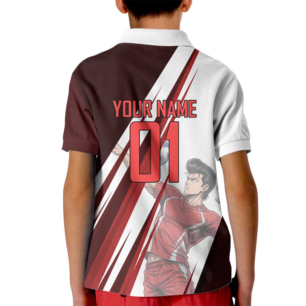 Personalized Metal Bat Volleyball Design Kid Polo Shirt with Red Athletic Theme and Powerful Action Pose