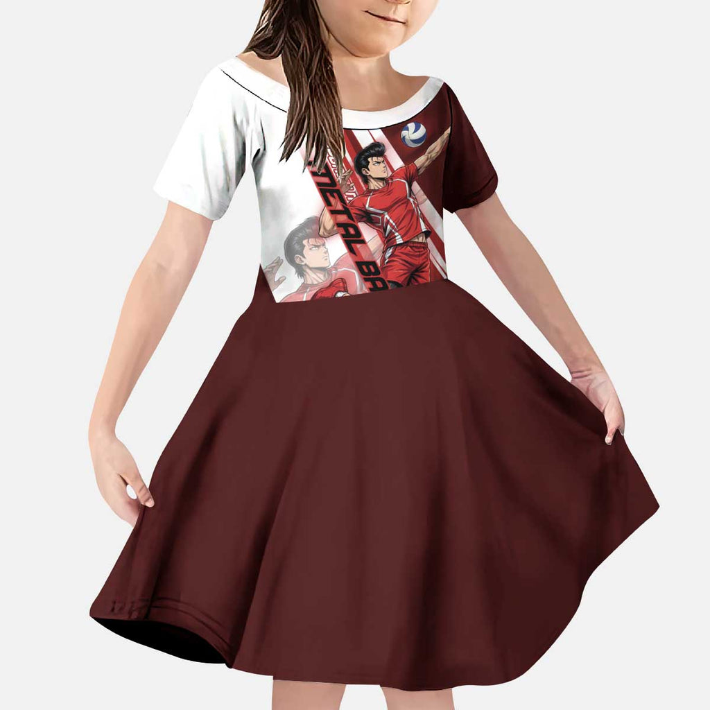 Personalized Metal Bat Volleyball Design Kid Short Sleeve Dress with Red Athletic Theme and Powerful Action Pose