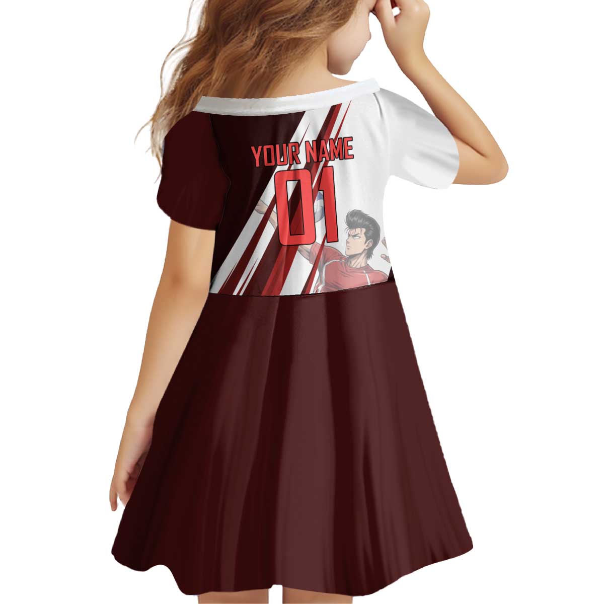 Personalized Metal Bat Volleyball Design Kid Short Sleeve Dress with Red Athletic Theme and Powerful Action Pose